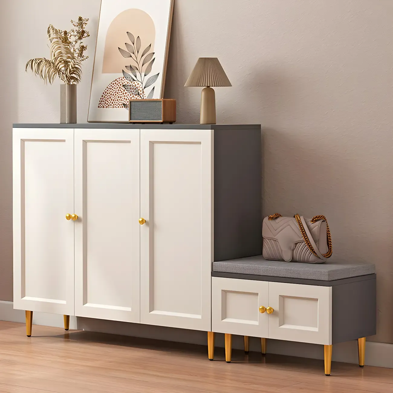 Cream Solid Wood Shoe Cabinet for Entryway with Doors Image - 2