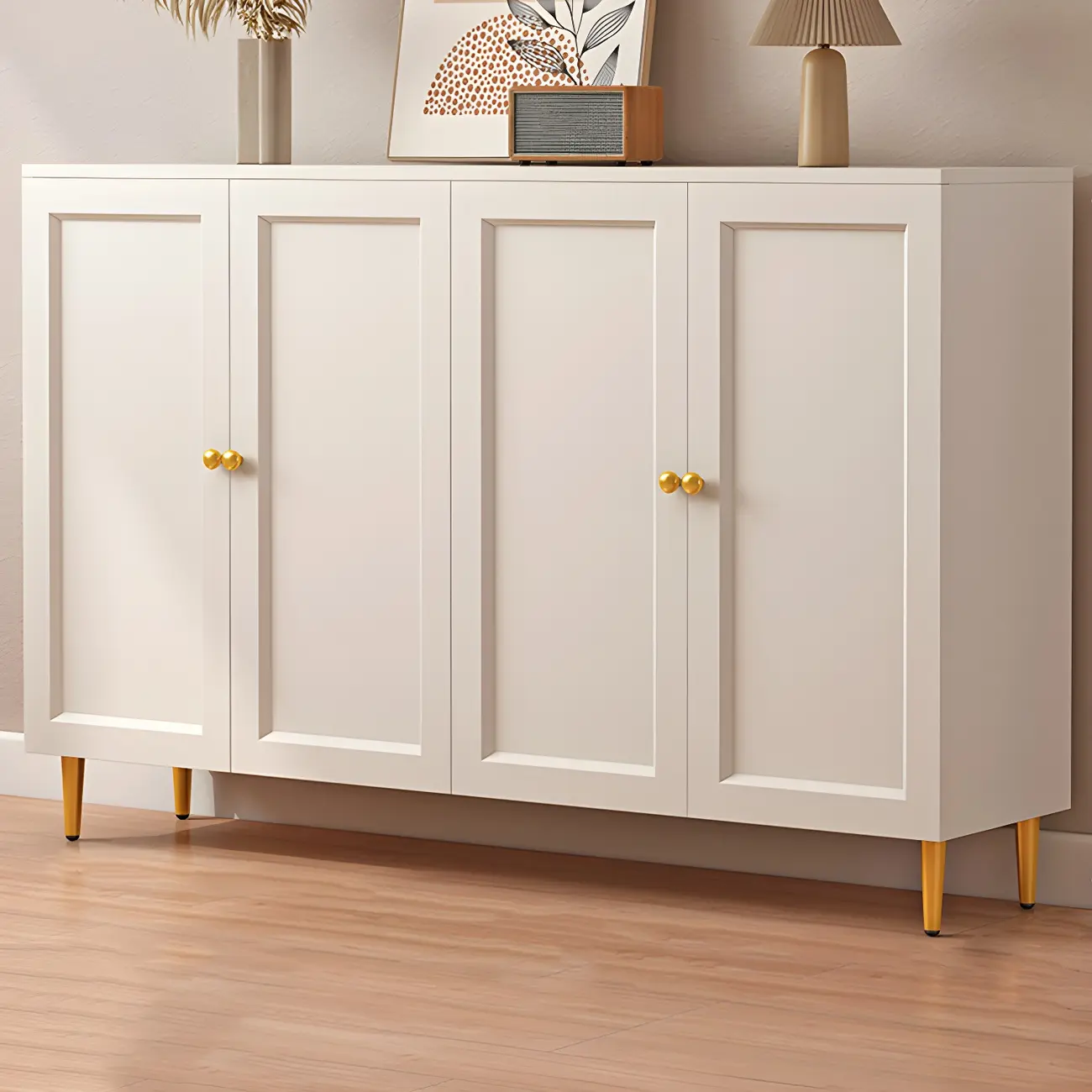 Cream Solid Wood Shoe Cabinet for Entryway with Doors Image - 9 | homeyfad