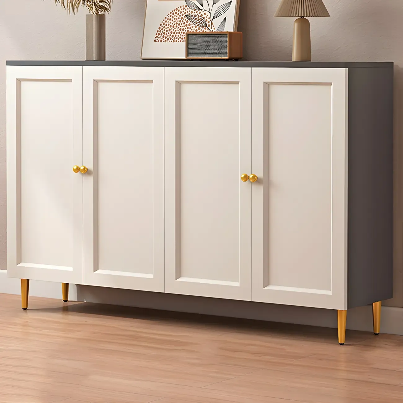 Cream Solid Wood Shoe Cabinet for Entryway with Doors Image - 11