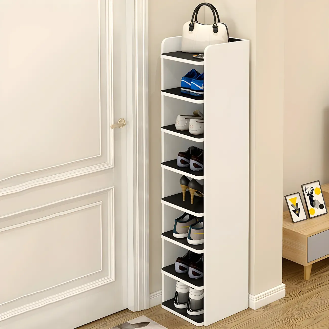 Modern White Wooden Open Shoe Rack for Entryway Image - 1