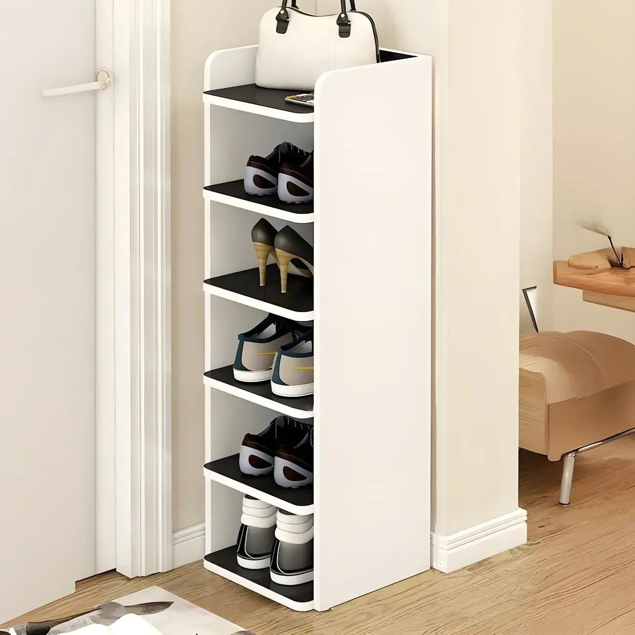 Modern White Wooden Open Shoe Rack for Entryway Image - 9