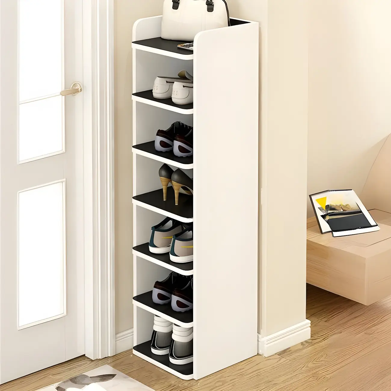 Modern White Wooden Open Shoe Rack for Entryway Image - 11 | homeyfad
