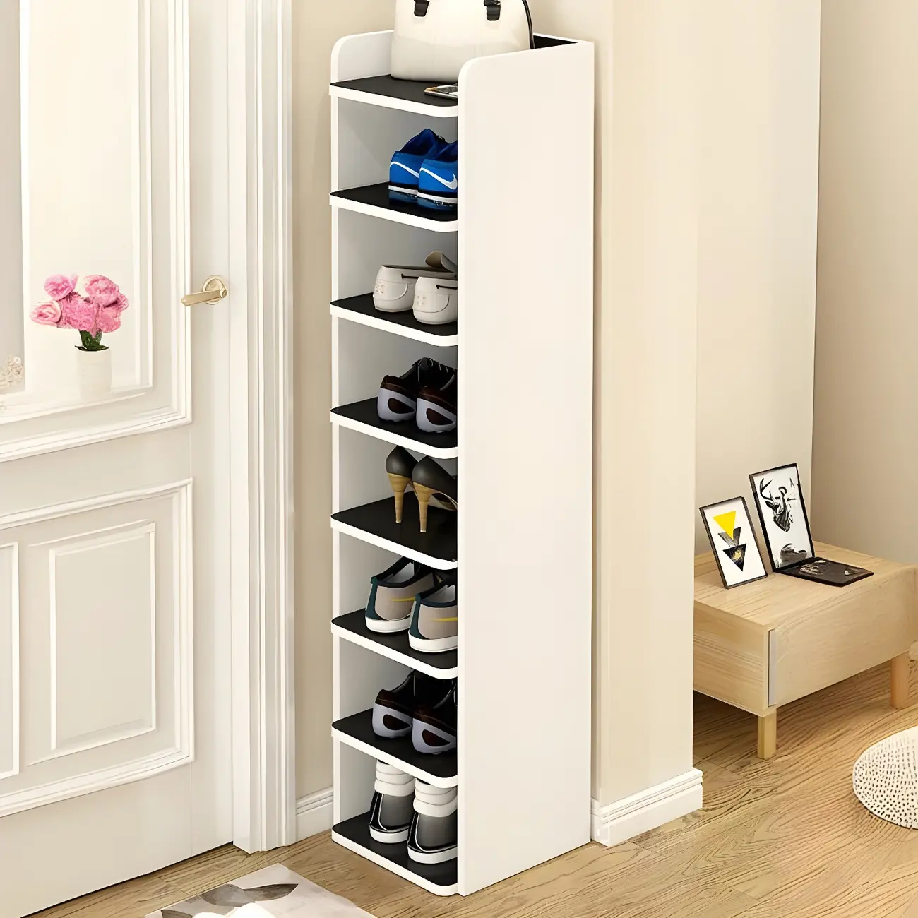Modern White Wooden Open Shoe Rack for Entryway Image - 7 | homeyfad