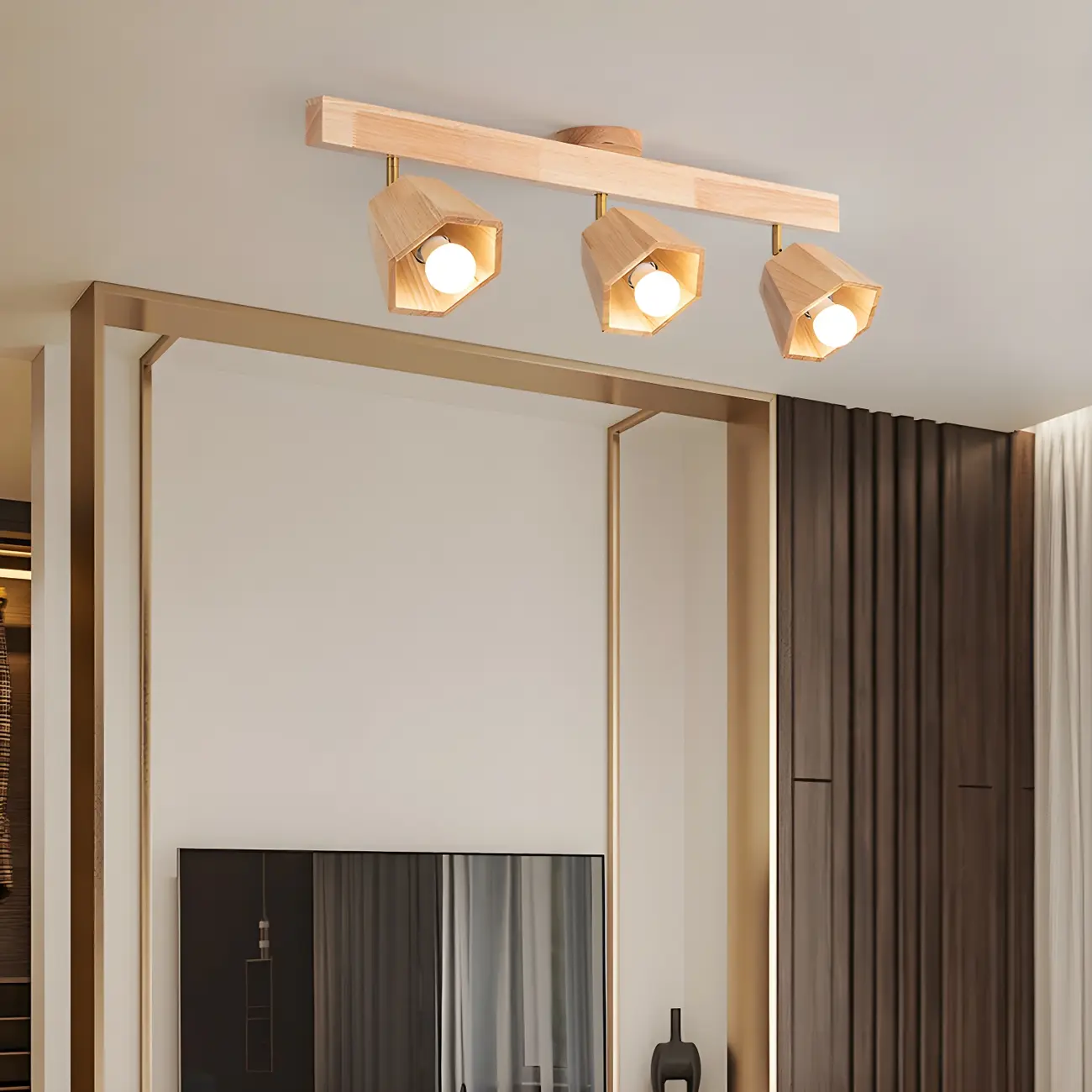 4-Light Natural Wood Modern Fixed Track Lighting Adjustable Head | homeyfad