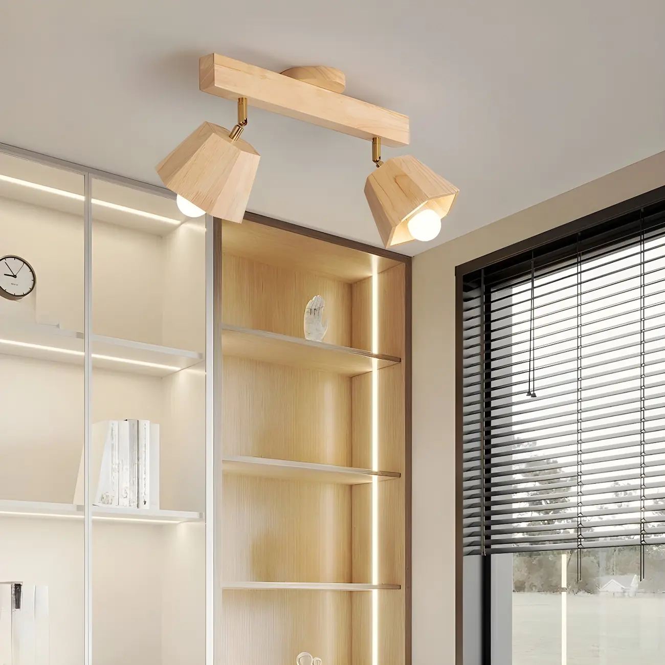 4-Light Natural Wood Modern Fixed Track Lighting Adjustable Head | homeyfad