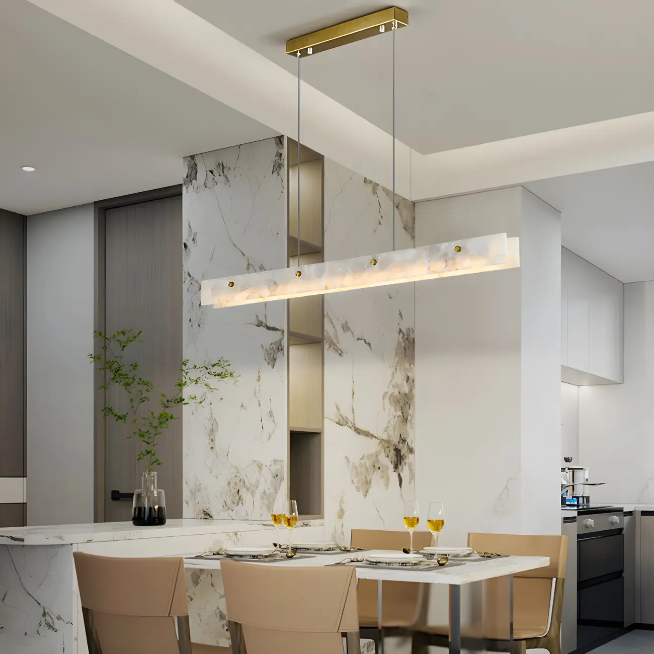 Modern Gold Metal Marble Linear Dining Area Pendant Image - 2 | homeyfad