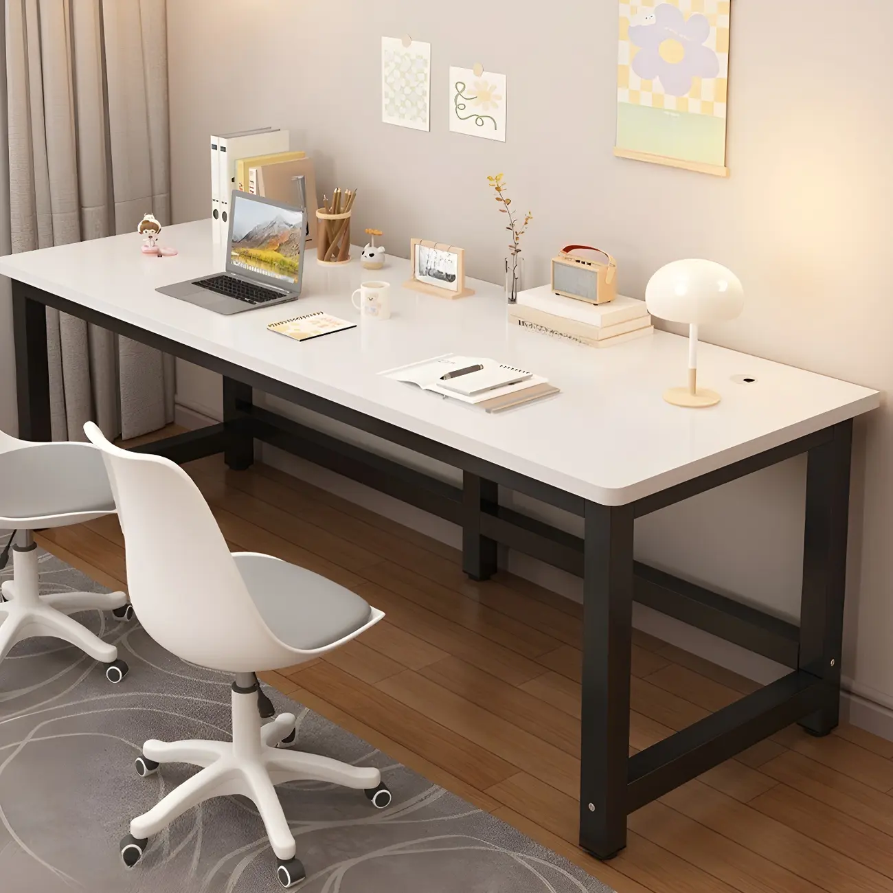 63"L Elegant Milk Coffee Wood Computer Office Desk Image - 2 | homeyfad