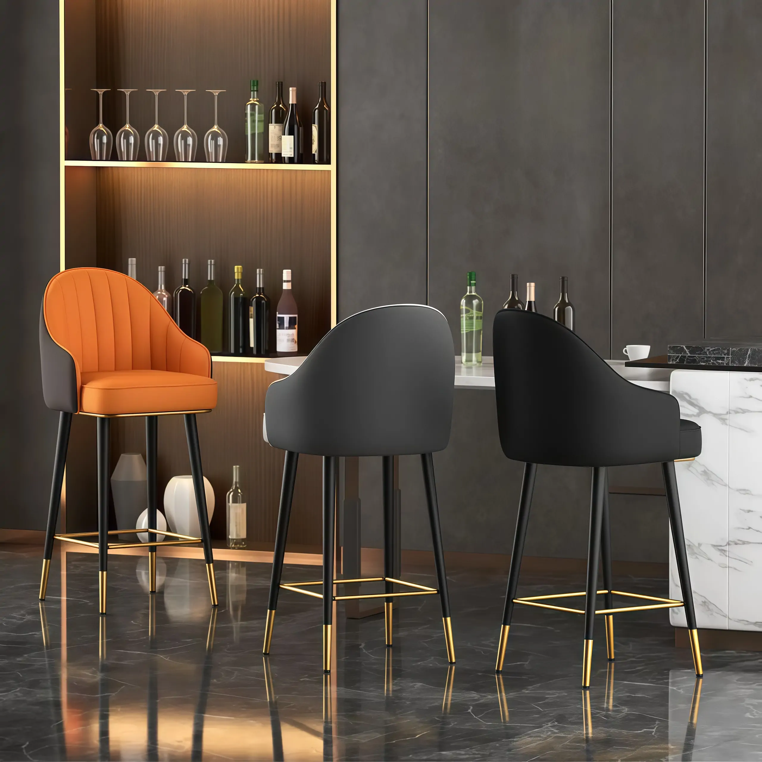Art Deco Leather Bucket Cushioned Bar Stool Image - 5 | homeyfad