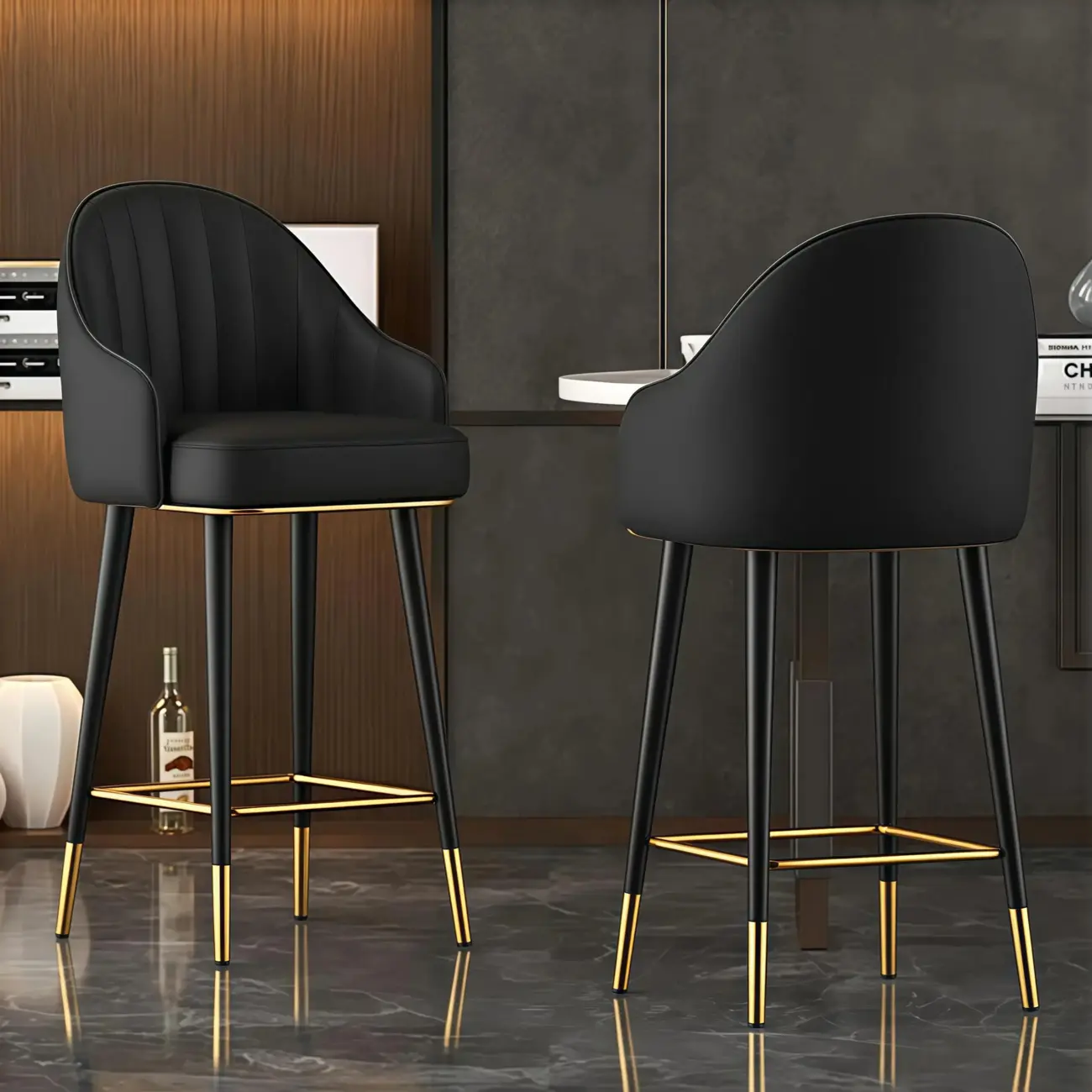 Art Deco Leather Bucket Cushioned Bar Stool Image - 3 | homeyfad