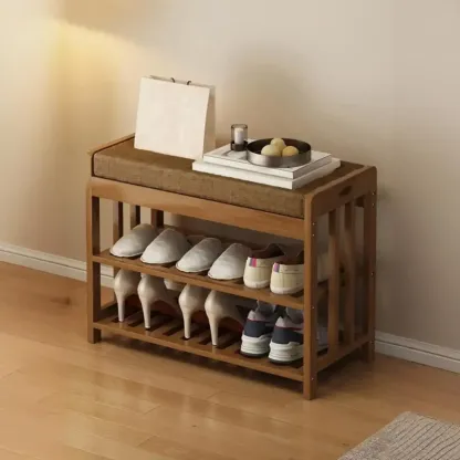 Classic Brown Bamboo Cushioned Shoe Storage Bench Image - 3