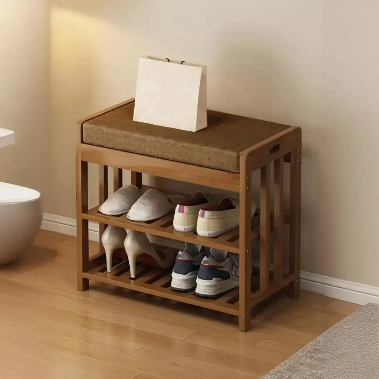 Classic Brown Bamboo Cushioned Shoe Storage Bench Image - 2 | homeyfad
