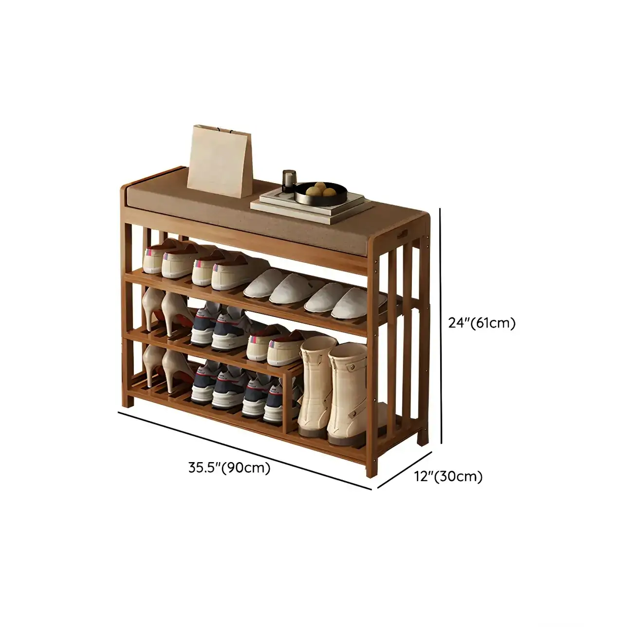Classic Brown Bamboo Cushioned Shoe Storage Bench #size | homeyfad