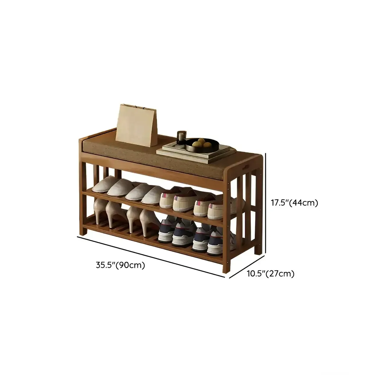 Classic Brown Bamboo Cushioned Shoe Storage Bench Image - 19