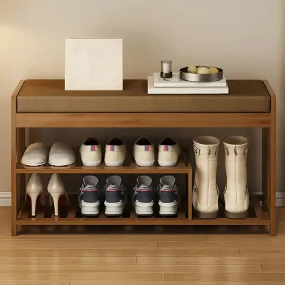 Classic Brown Bamboo Cushioned Shoe Storage Bench Image - 1