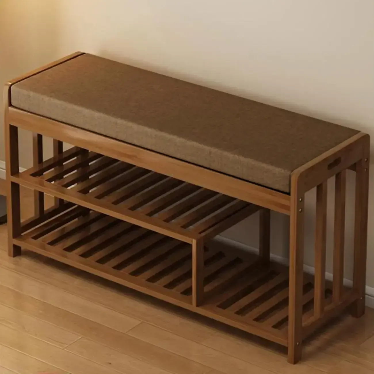 Classic Brown Bamboo Cushioned Shoe Storage Bench Image - 4