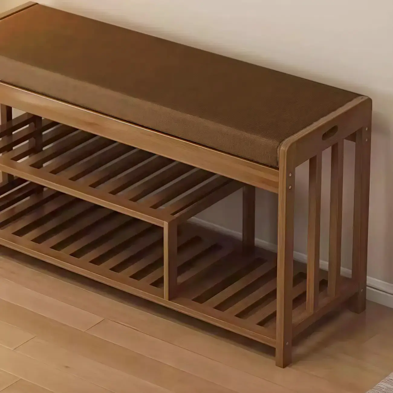 Classic Brown Bamboo Cushioned Shoe Storage Bench Image - 15 | homeyfad