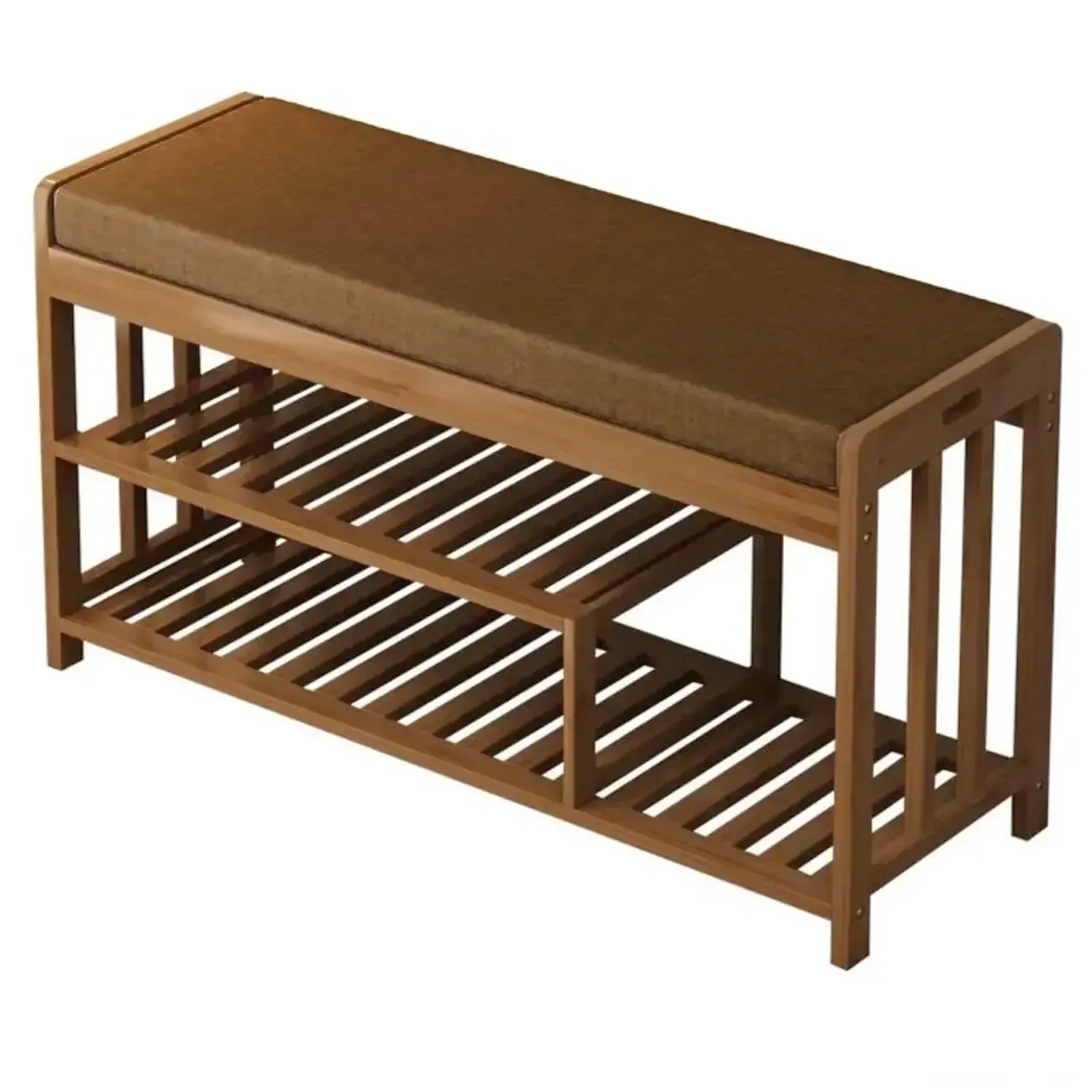 Classic Brown Bamboo Cushioned Shoe Storage Bench Image - 16