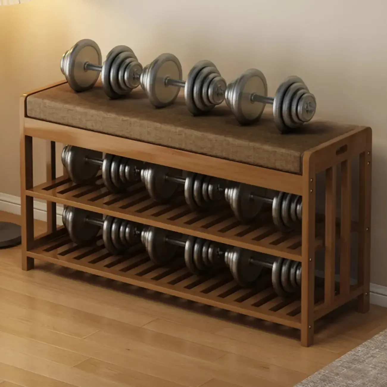 Classic Brown Bamboo Cushioned Shoe Storage Bench Image - 8