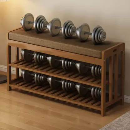 Classic Brown Bamboo Cushioned Shoe Storage Bench Image - 8