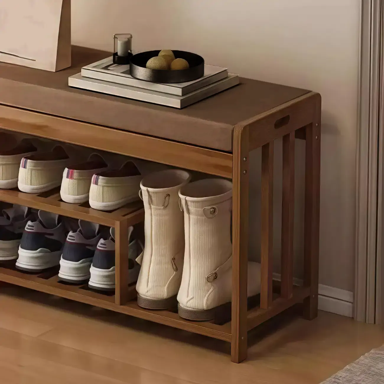 Classic Brown Bamboo Cushioned Shoe Storage Bench Image - 13 | homeyfad