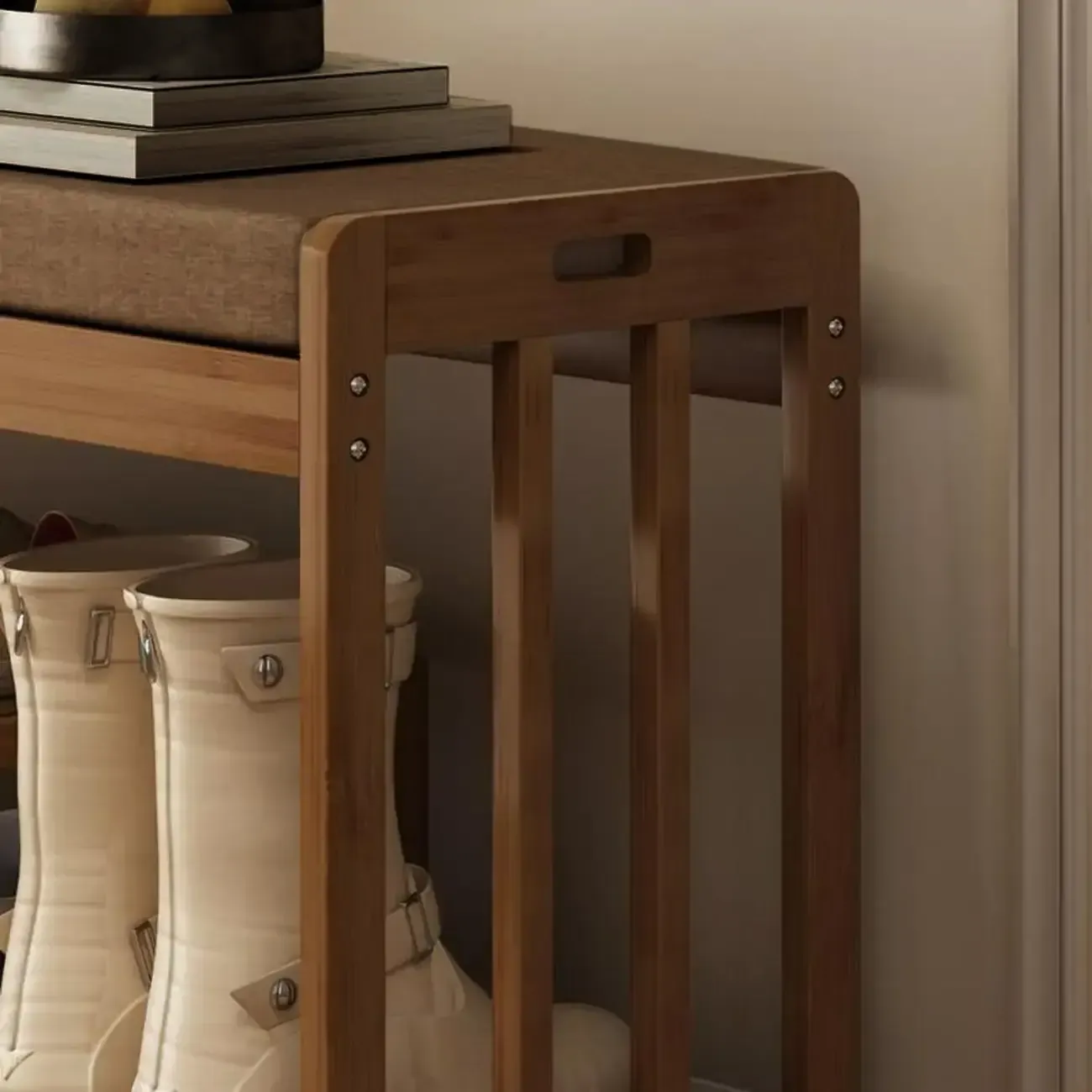 Classic Brown Bamboo Cushioned Shoe Storage Bench Image - 14