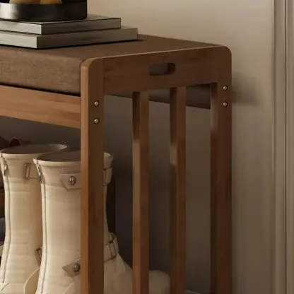 Classic Brown Bamboo Cushioned Shoe Storage Bench Image - 14