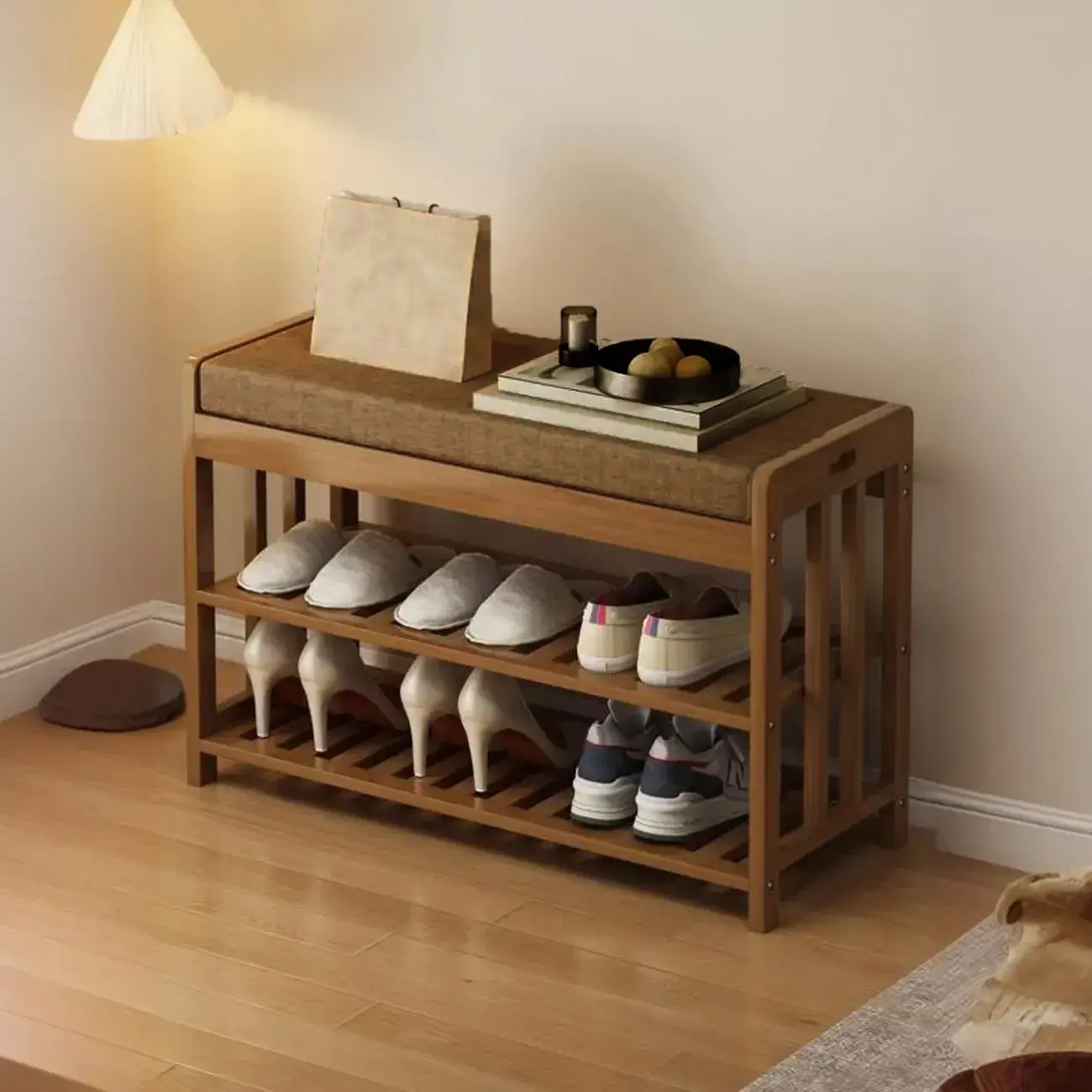 Classic Brown Bamboo Cushioned Shoe Storage Bench Image - 5 | homeyfad
