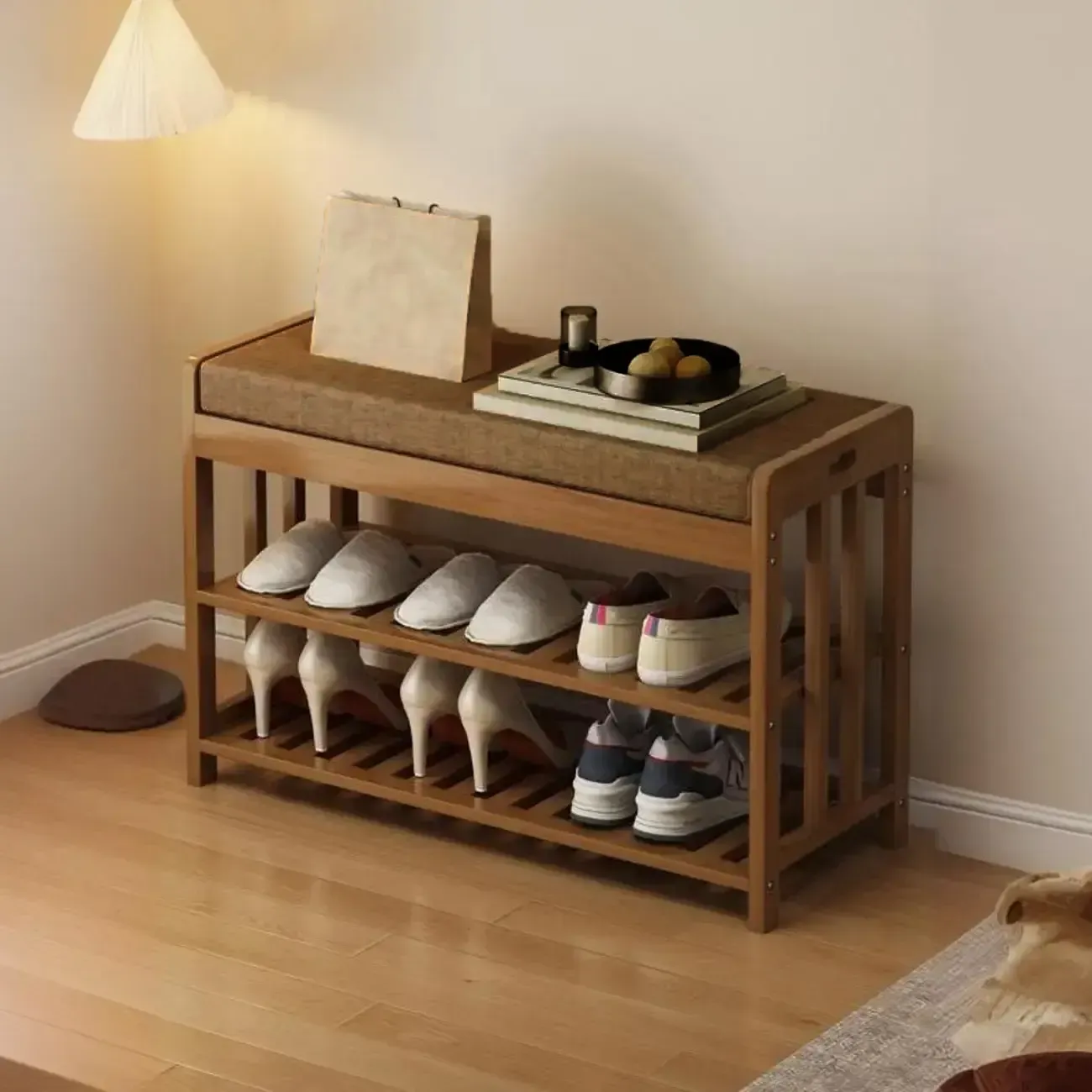 Classic Brown Bamboo Cushioned Shoe Storage Bench Image - 5