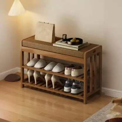 Classic Brown Bamboo Cushioned Shoe Storage Bench Image - 5