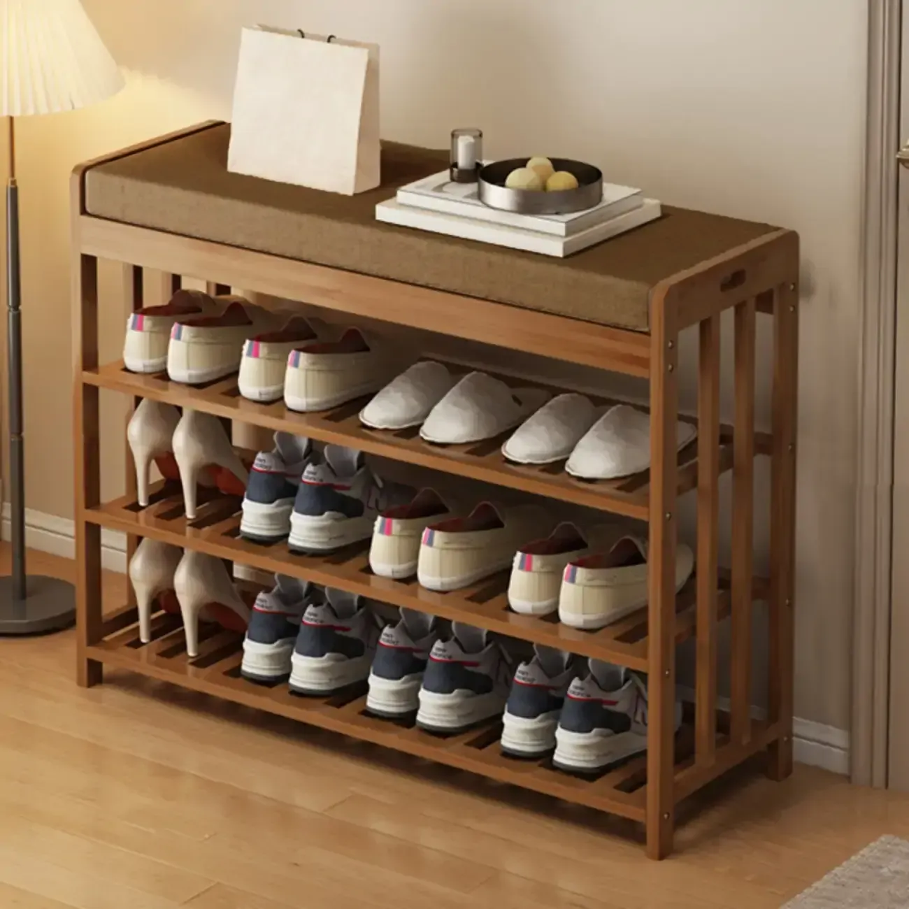 Classic Brown Bamboo Cushioned Shoe Storage Bench Image - 10