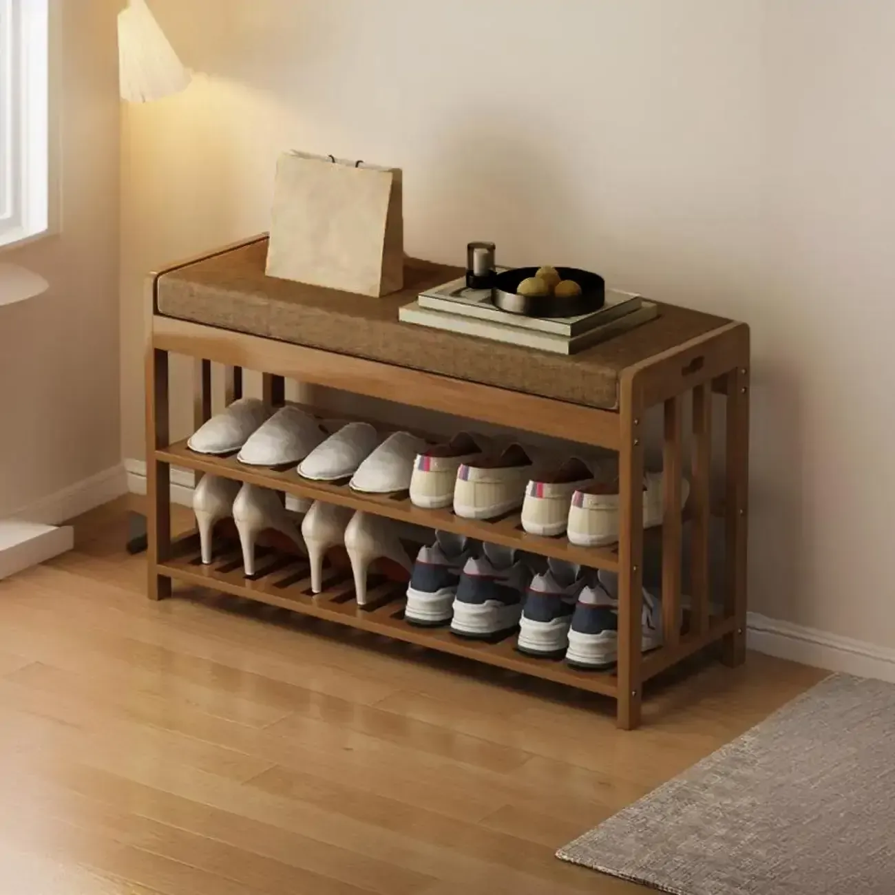 Classic Brown Bamboo Cushioned Shoe Storage Bench Image - 7
