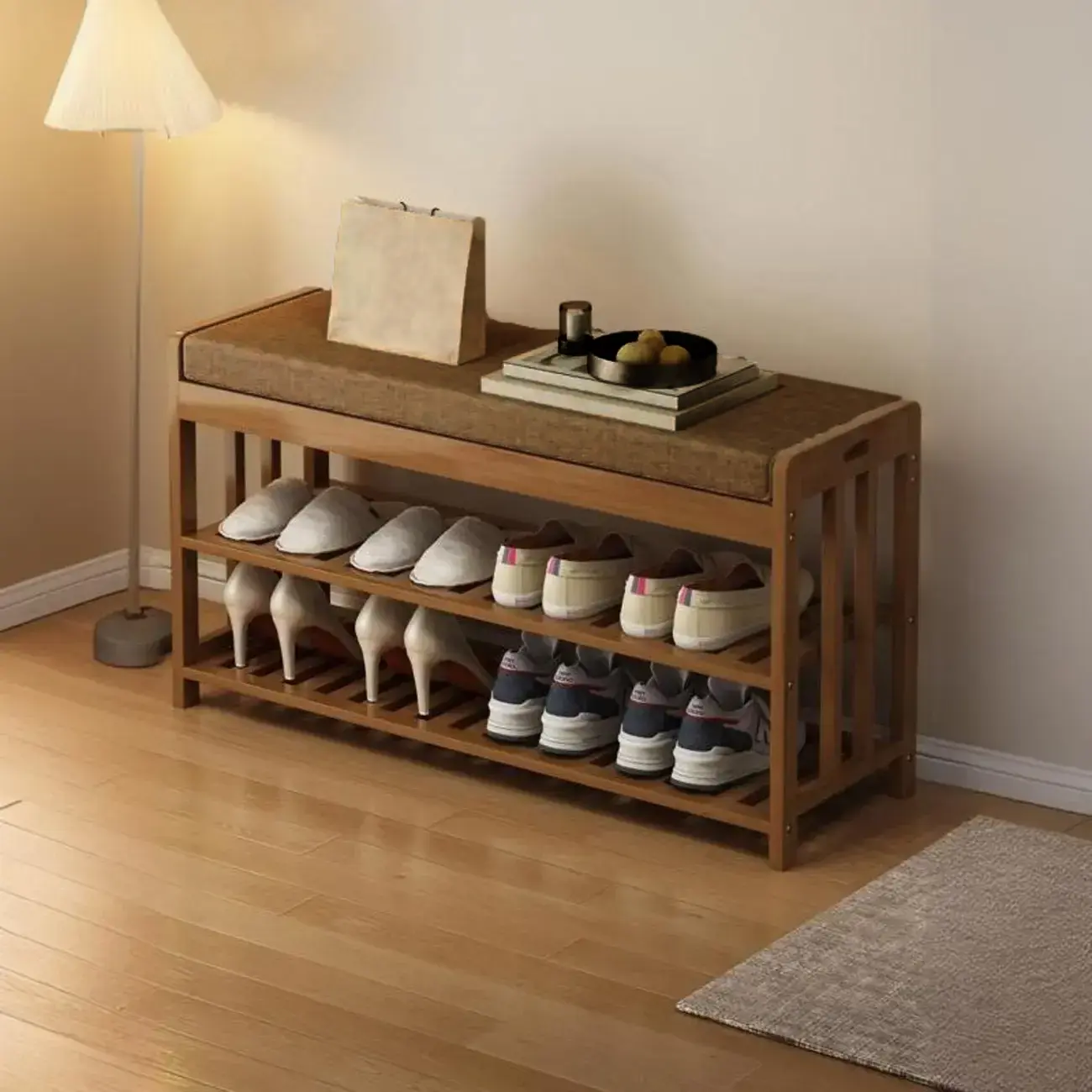 Classic Brown Bamboo Cushioned Shoe Storage Bench Image - 9 | homeyfad