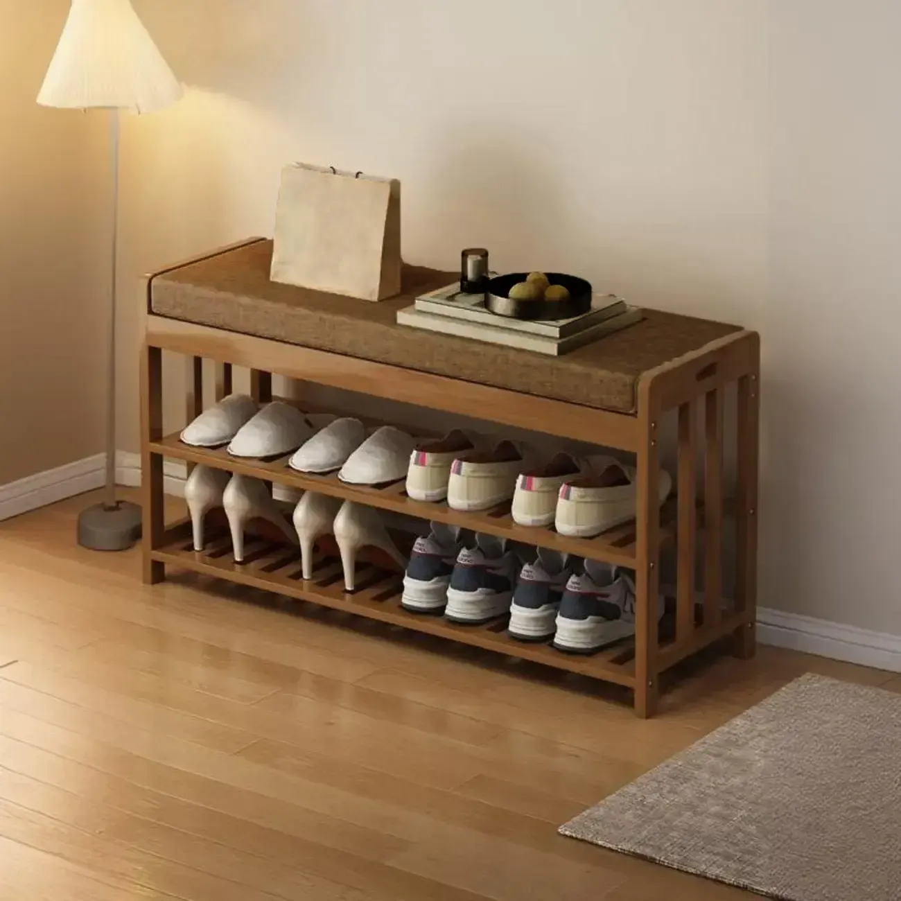 Classic Brown Bamboo Cushioned Shoe Storage Bench Image - 9