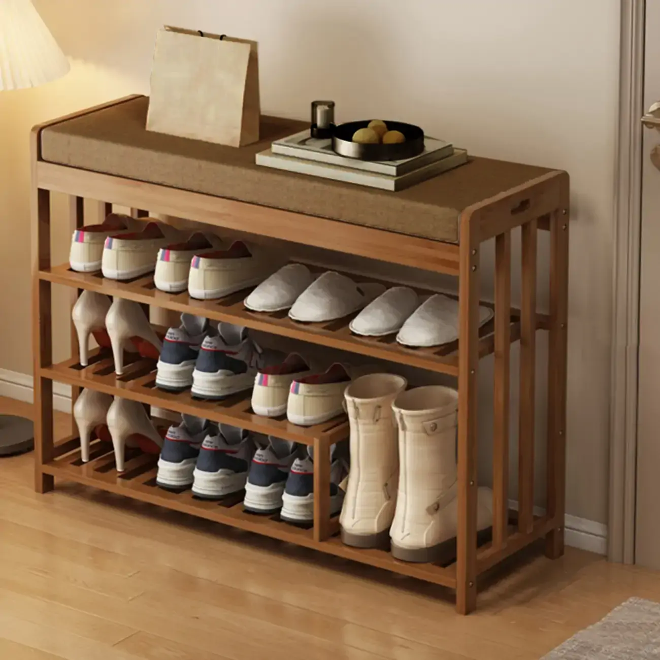 Classic Brown Bamboo Cushioned Shoe Storage Bench Image - 12 | homeyfad