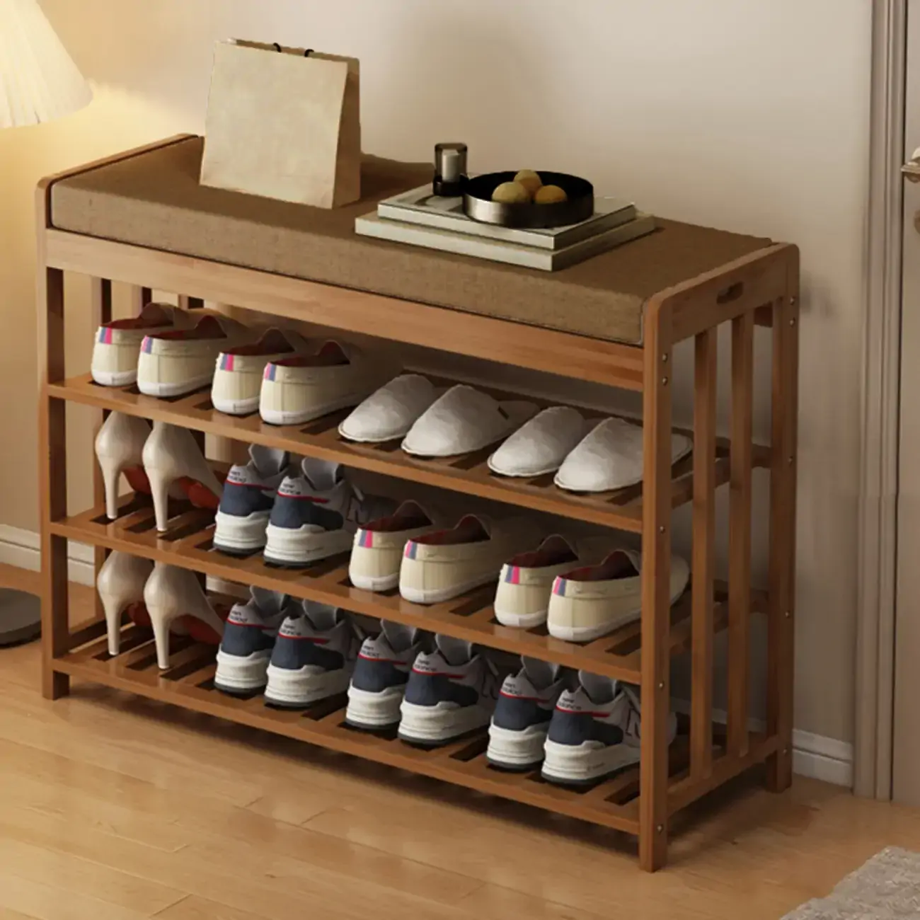 Classic Brown Bamboo Cushioned Shoe Storage Bench Image - 11 | homeyfad
