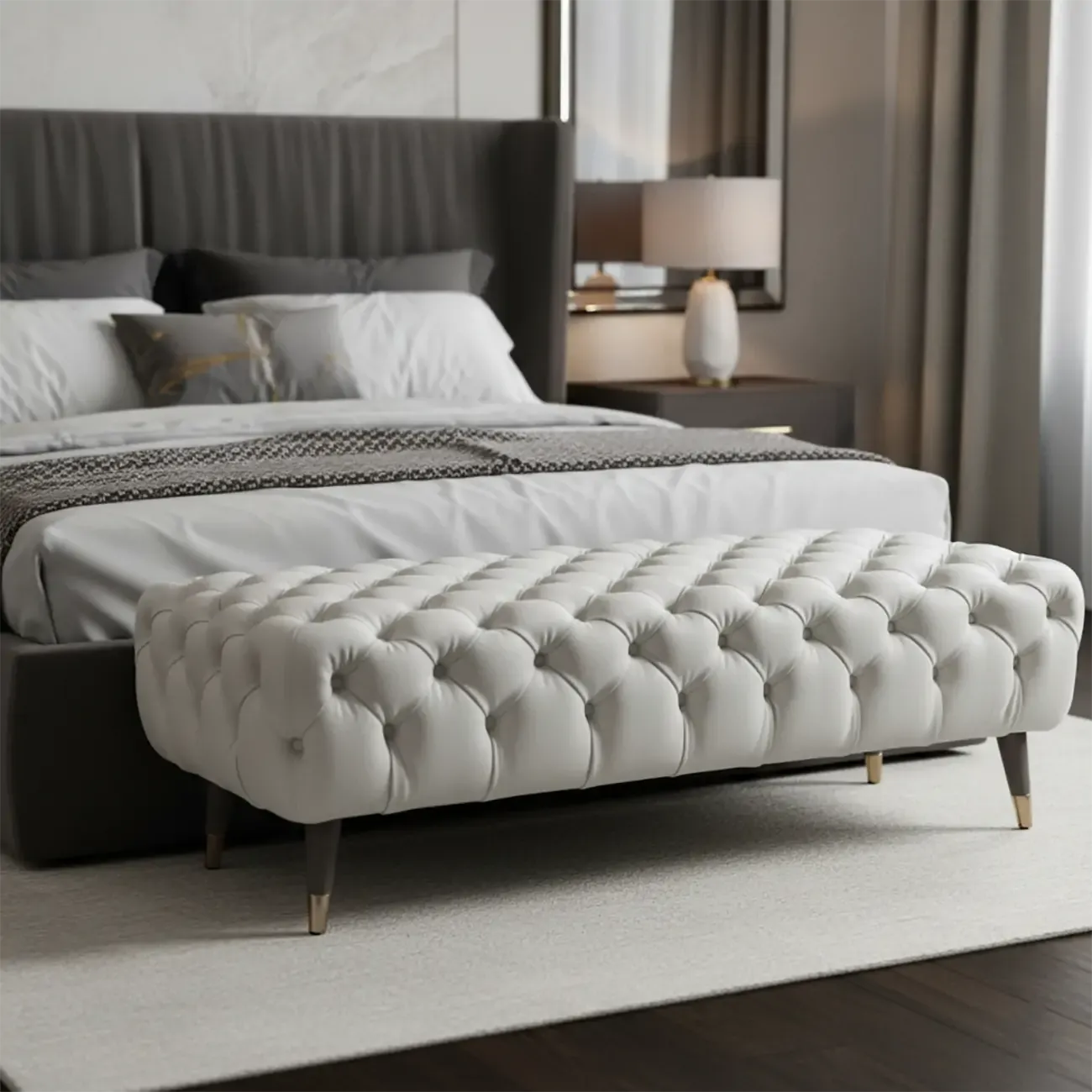 Contemporary White Tufted Upholstered Bedroom Bench Image - 1