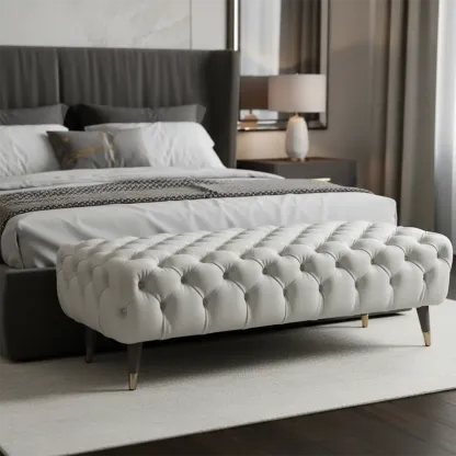 Contemporary White Tufted Upholstered Bedroom Bench Image - 1