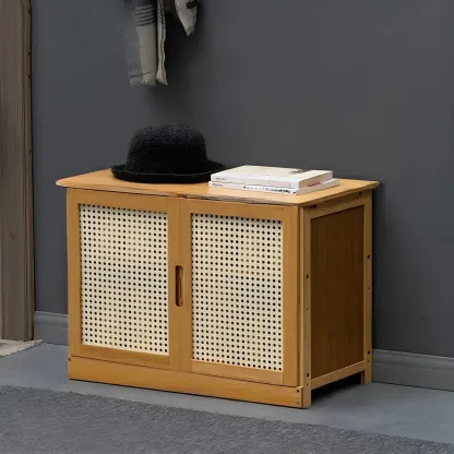 Entryway Bamboo Shoe Storage Cabinet with Rattan Doors Image - 4