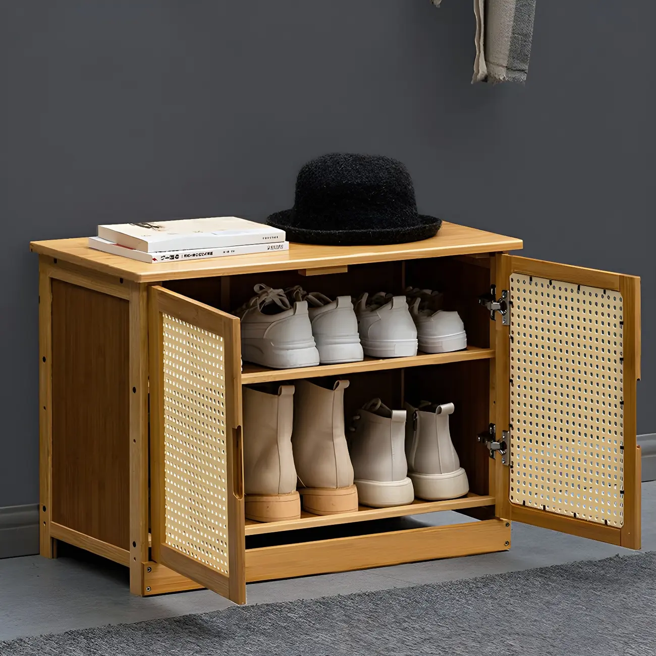 Entryway Bamboo Shoe Storage Cabinet with Rattan Doors Image - 3 | homeyfad