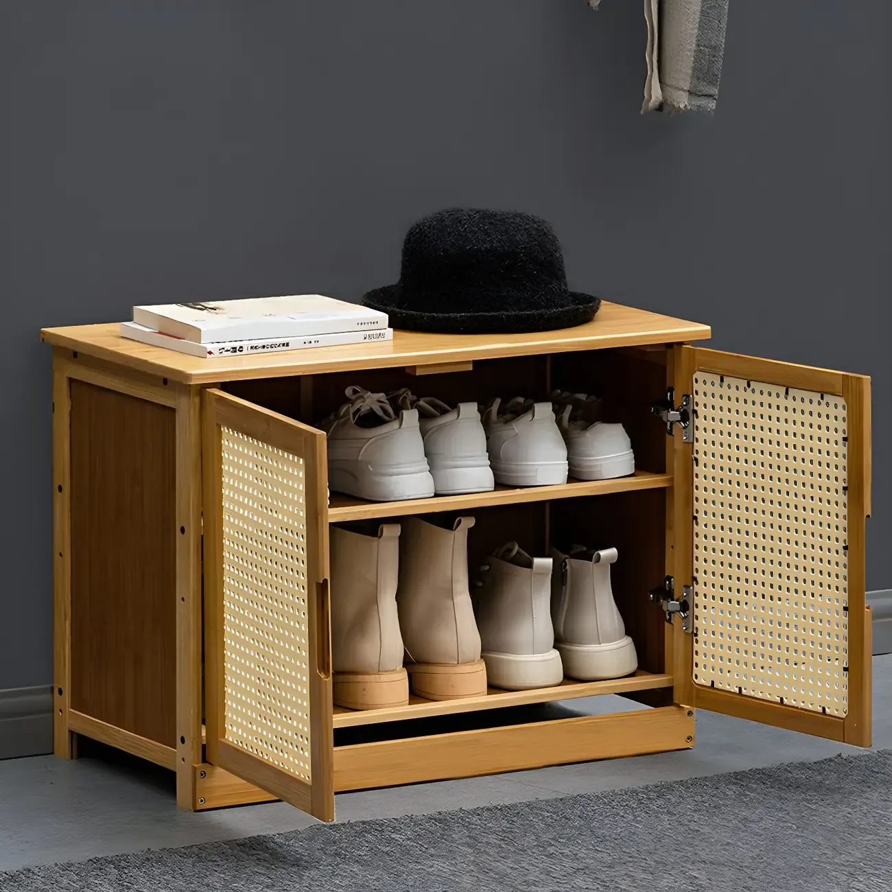 Entryway Bamboo Shoe Storage Cabinet with Rattan Doors Image - 3