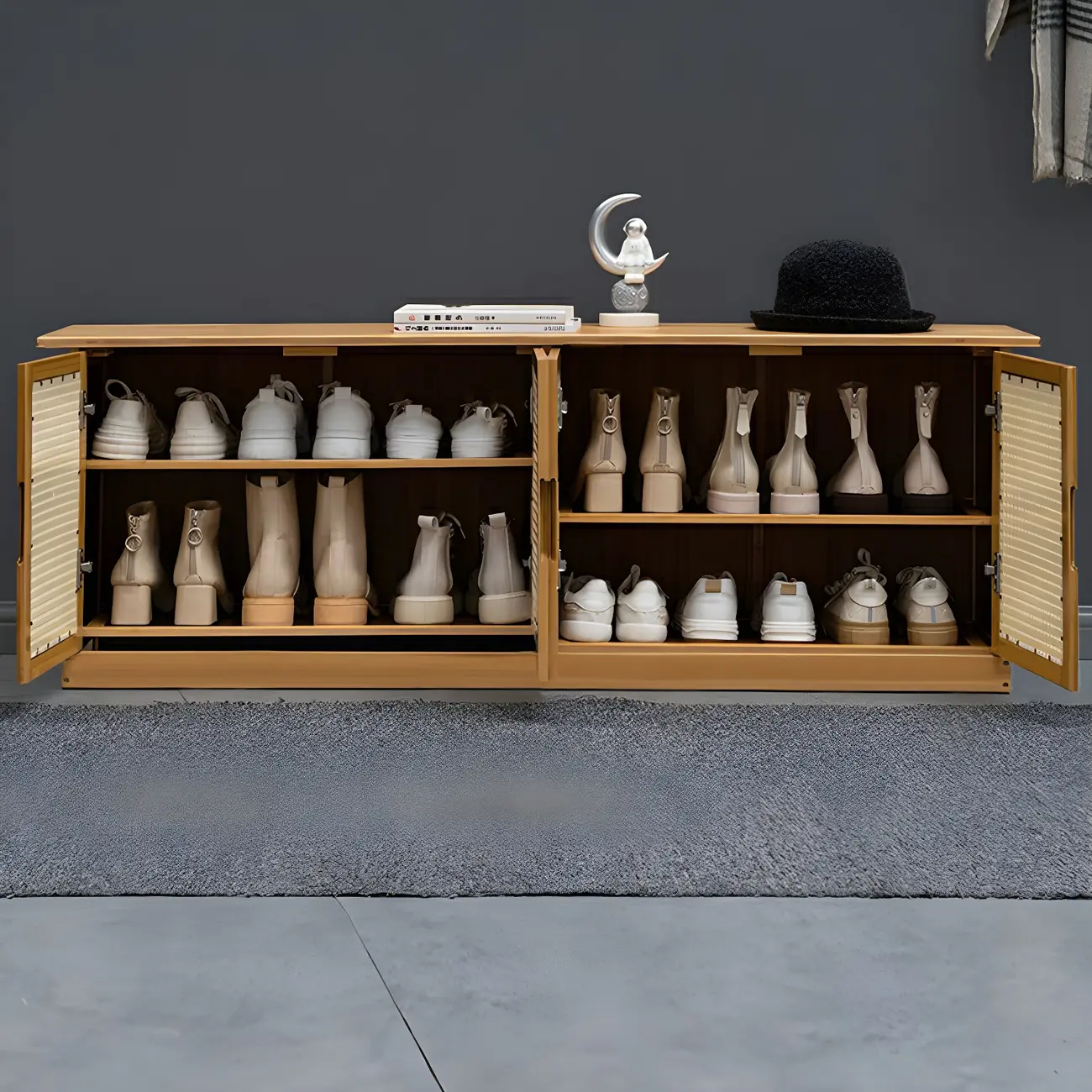 Entryway Bamboo Shoe Storage Cabinet with Rattan Doors Image - 2 | homeyfad