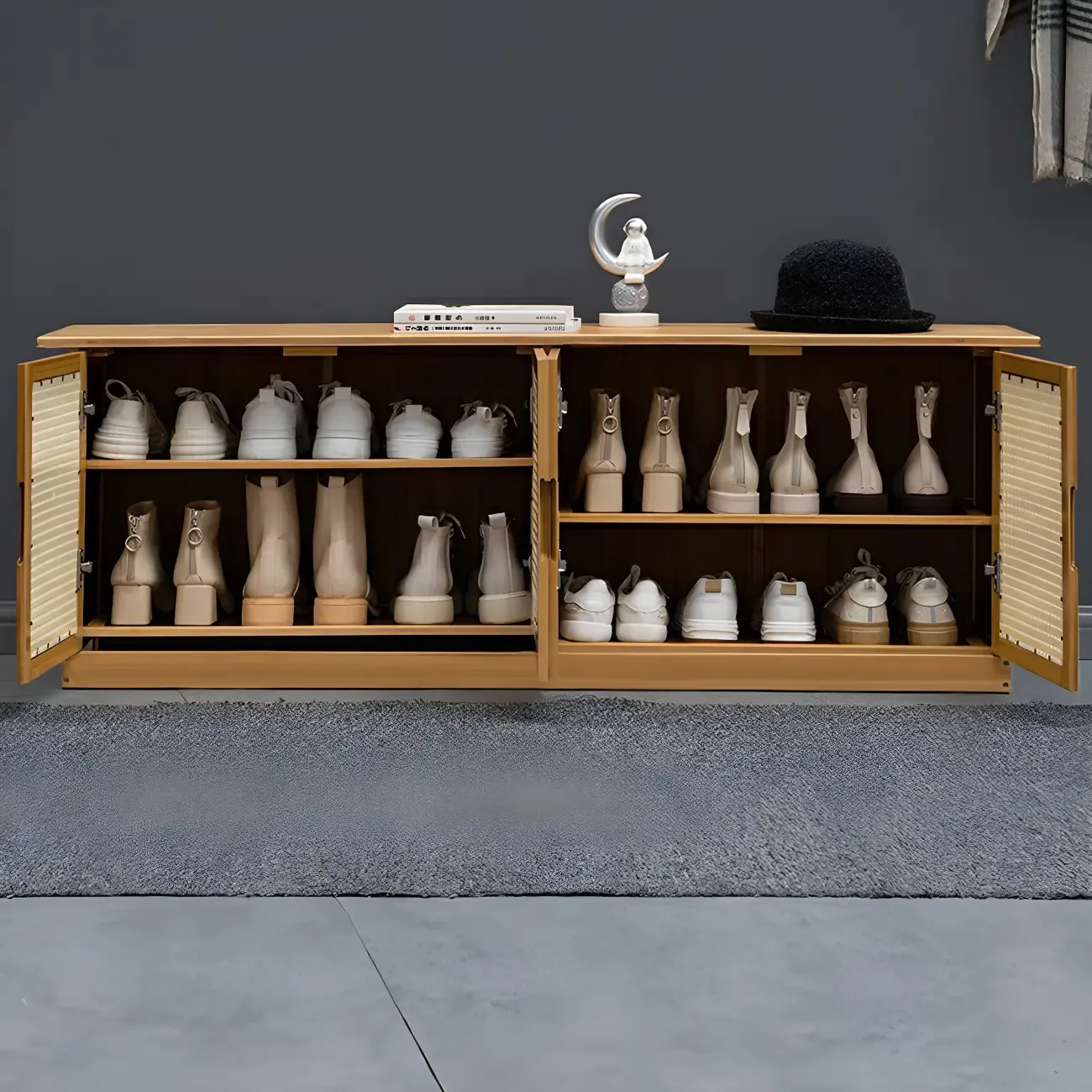 Entryway Bamboo Shoe Storage Cabinet with Rattan Doors Image - 2