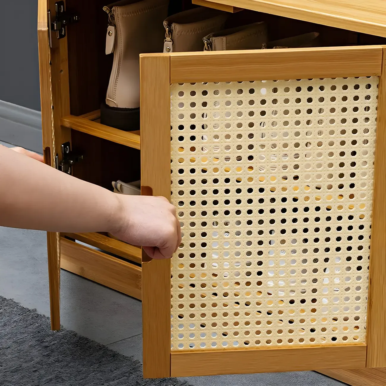 Entryway Bamboo Shoe Storage Cabinet with Rattan Doors Image - 11