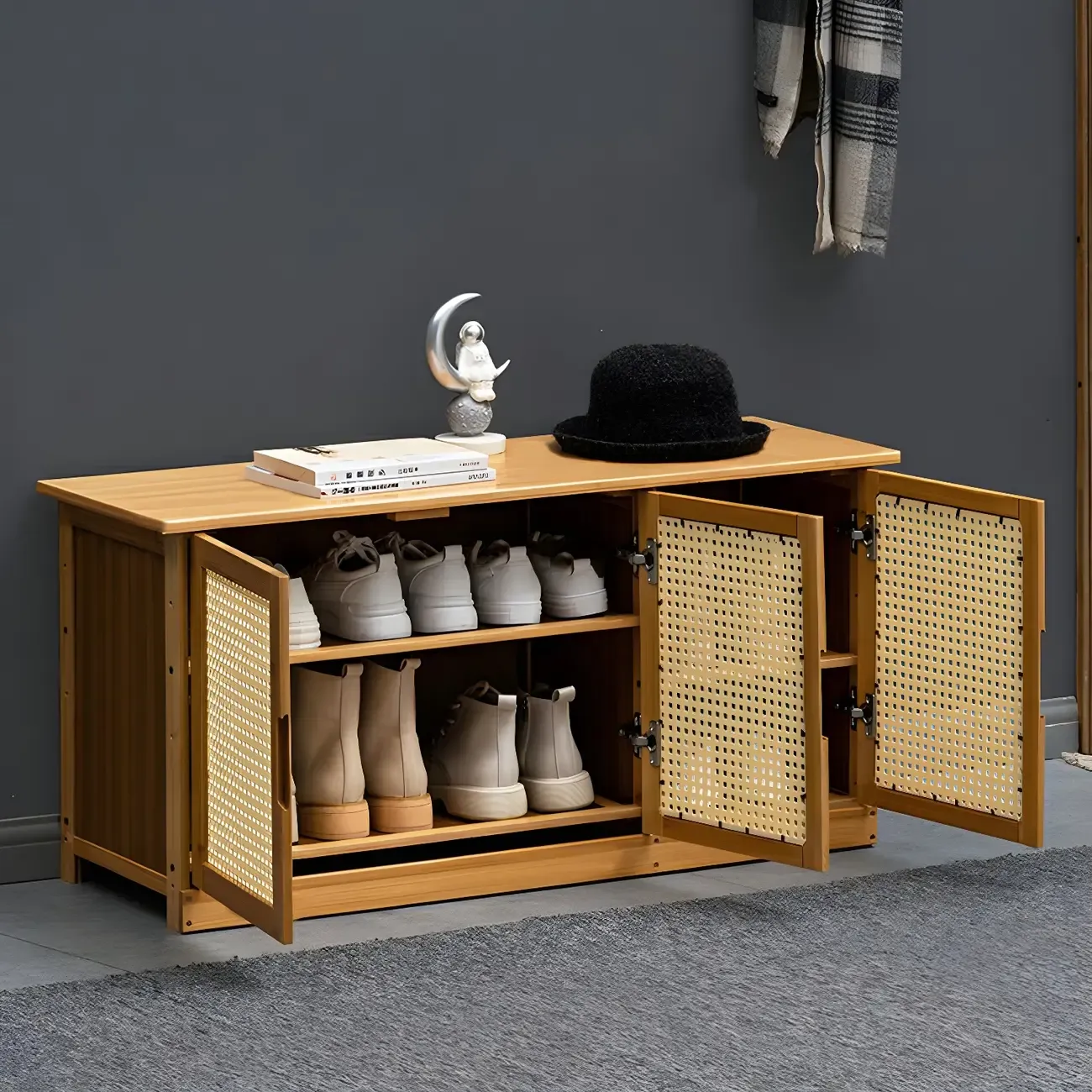 Entryway Bamboo Shoe Storage Cabinet with Rattan Doors Image - 13