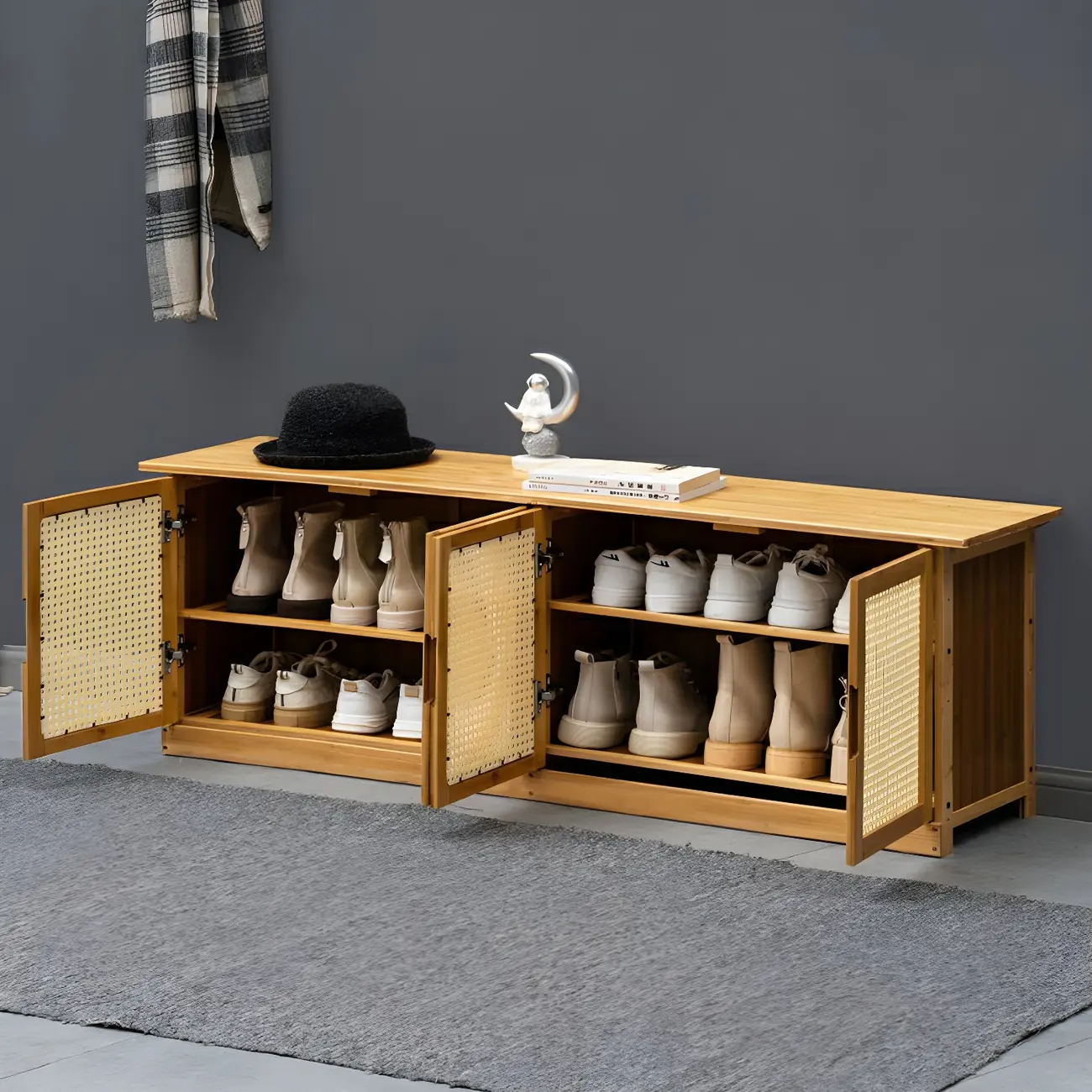 Entryway Bamboo Shoe Storage Cabinet with Rattan Doors Image - 14 | homeyfad