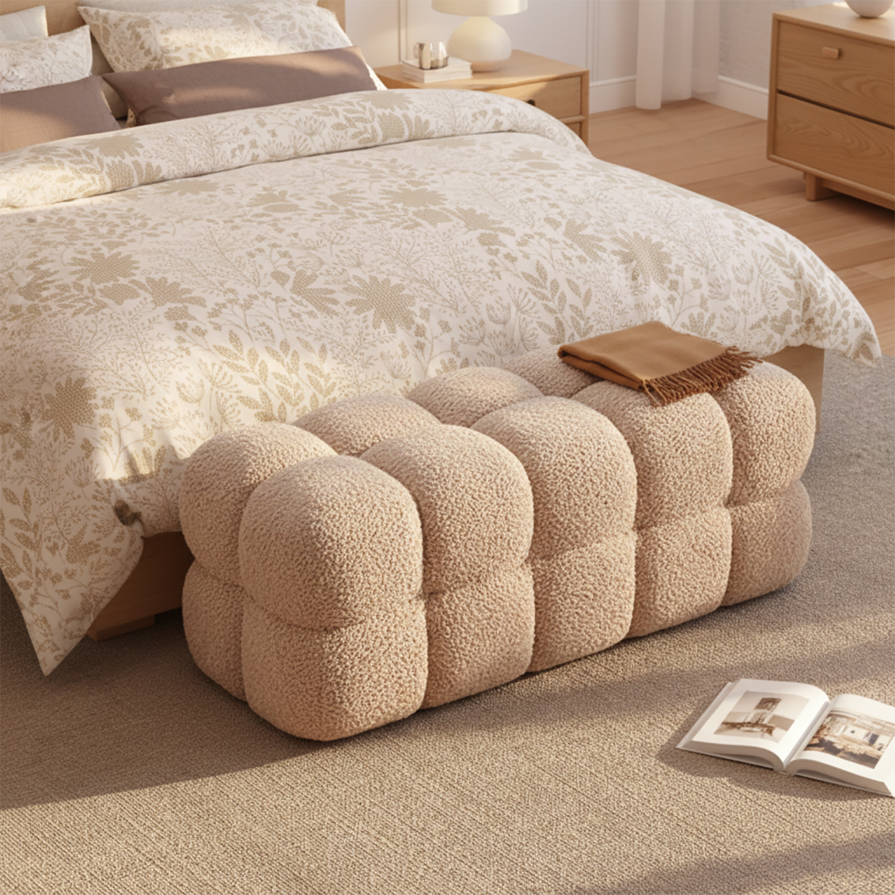 Modern Cloud-Shaped Boucle Upholstered Bedroom Bench Image - 1 | homeyfad