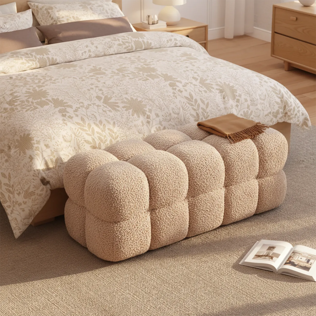 Modern Cloud-Shaped Boucle Upholstered Bedroom Bench Image - 1