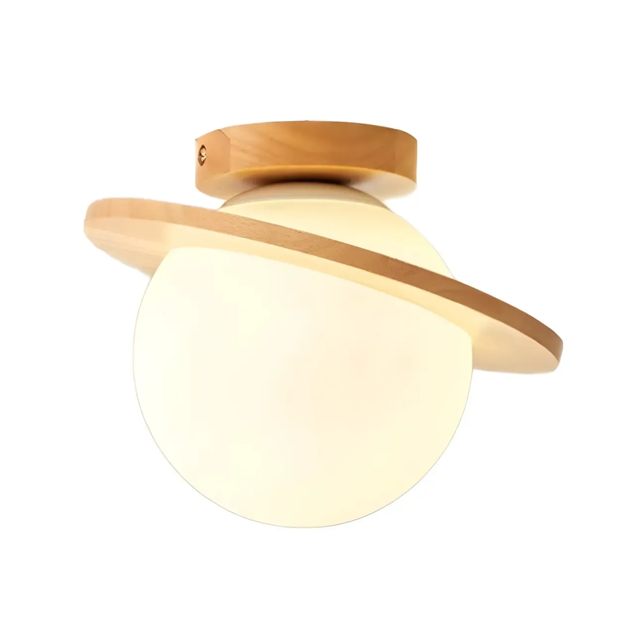 Circular Glass Ball Natural Wood Semi Flush Ceiling Light Image - 5