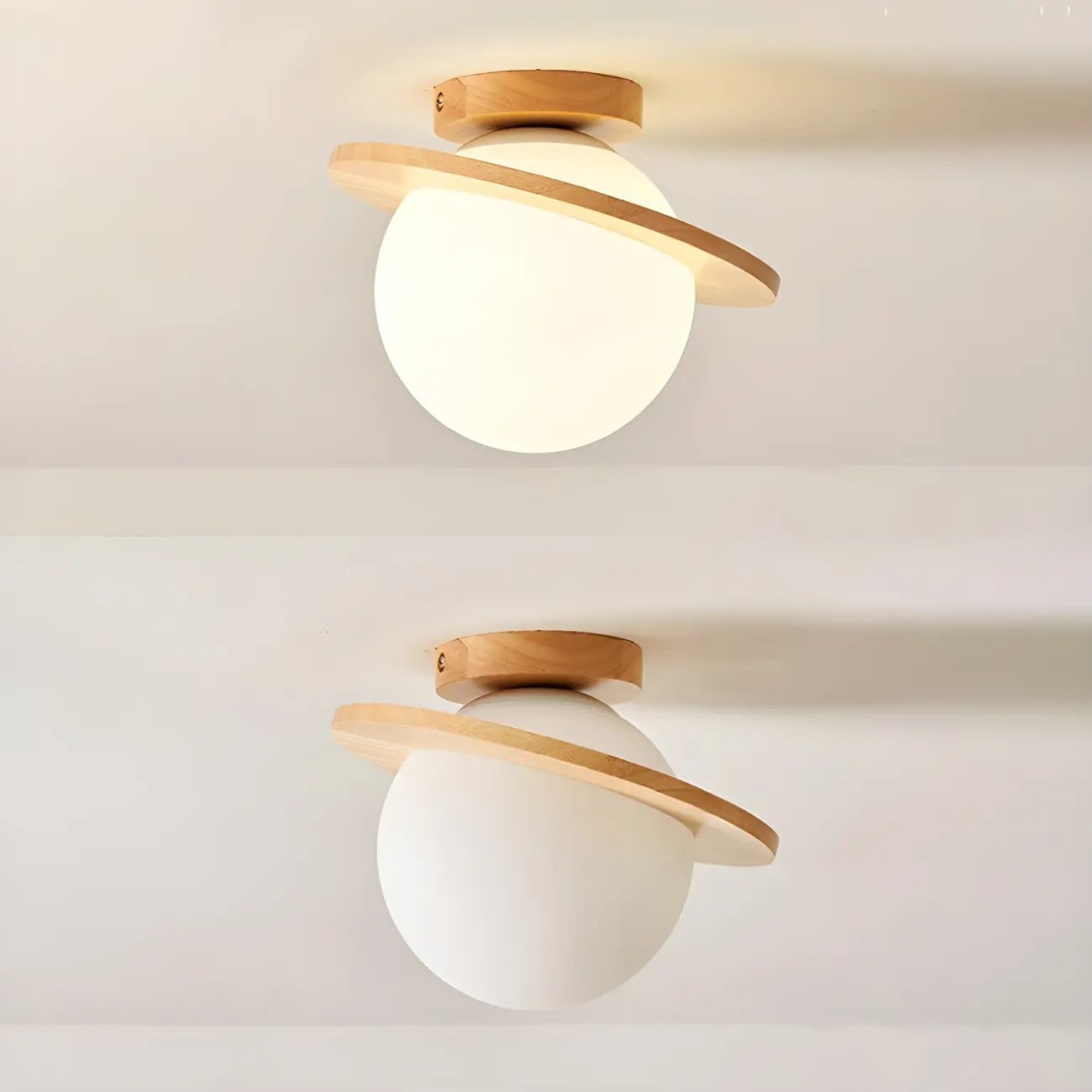Circular Glass Ball Natural Wood Semi Flush Ceiling Light Image - 6 | homeyfad
