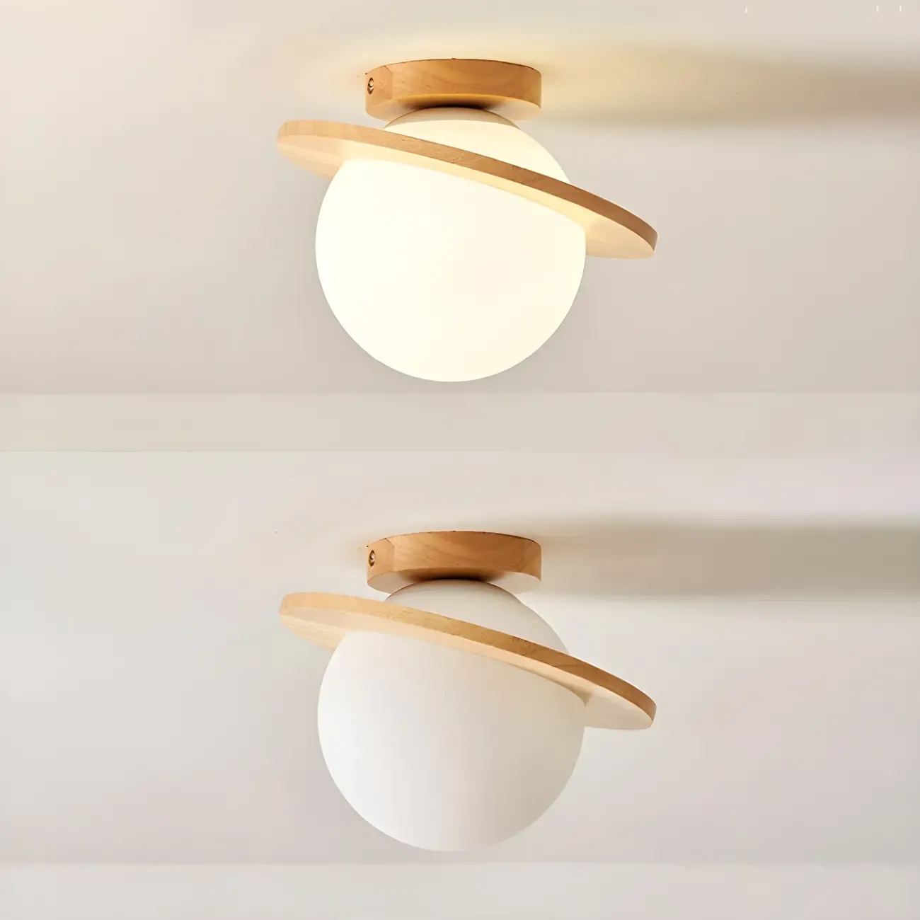 Circular Glass Ball Natural Wood Semi Flush Ceiling Light Image - 6